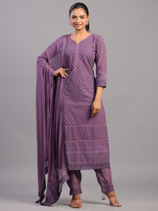 Purple Goergette Embroidered Kurti Set