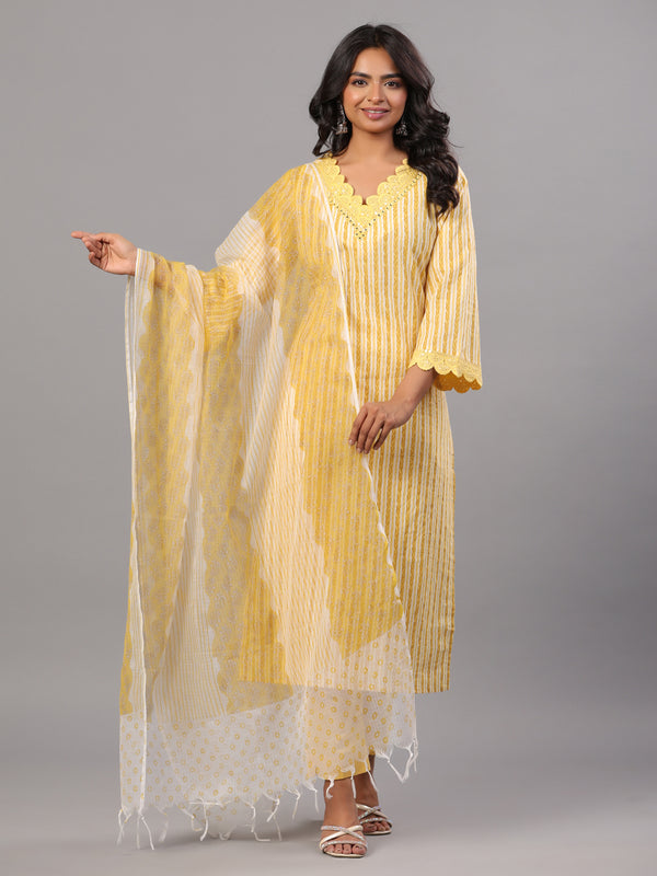 Mustard Striped Print Kurti Set