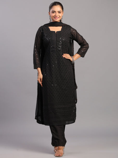 Black Goergette Embroidered Kurti Set