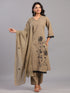 Olive Green Cotton Linen Floral Embroidered Kurti Set