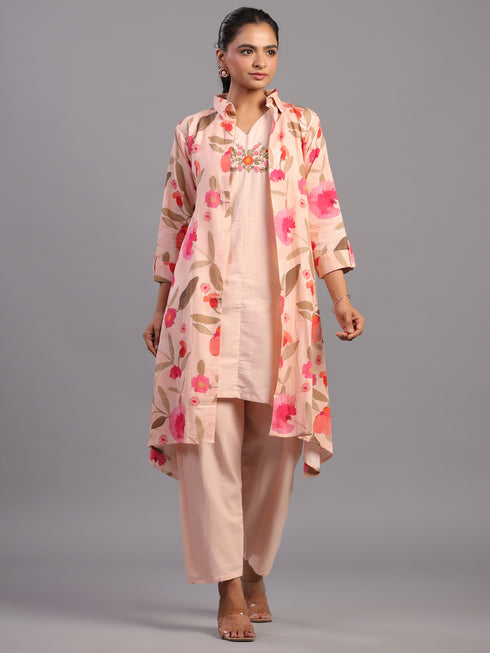 Peach Cotton Linen Floral Print 3pc Co Ord Set