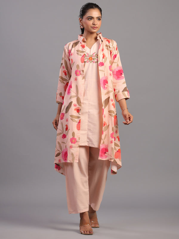 Peach Cotton Linen Floral Print 3pc Co Ord Set