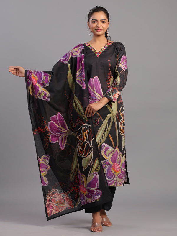 Black Cotton Abstract Print Kurti Set