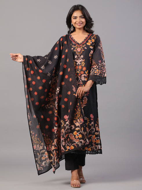 Black Block Print Mirror Work Kurti Set