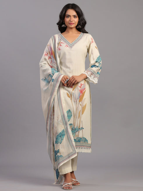Cream Tropical Print Kurti Set