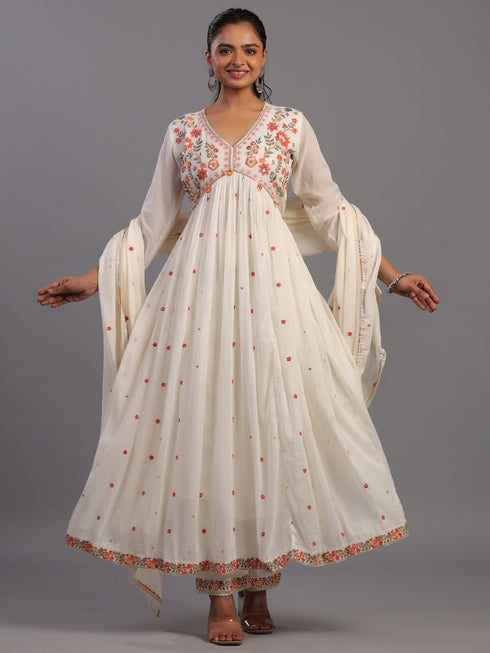Cream Cotton Overall Embroidered Sequins Kurti Set