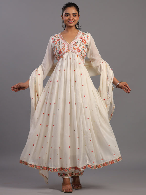 Cream Cotton Overall Embroidered Sequins Kurti Set