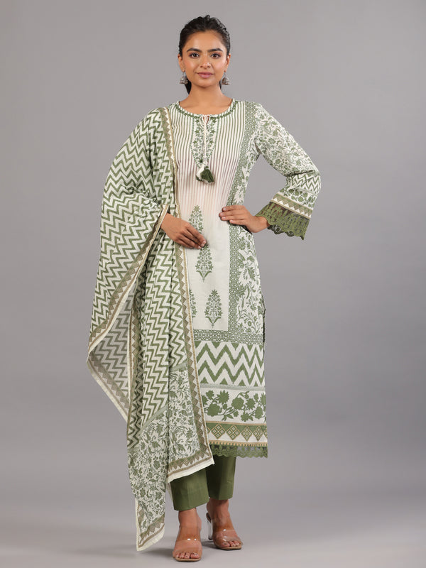 Green Cotton Printed Kurti Set
