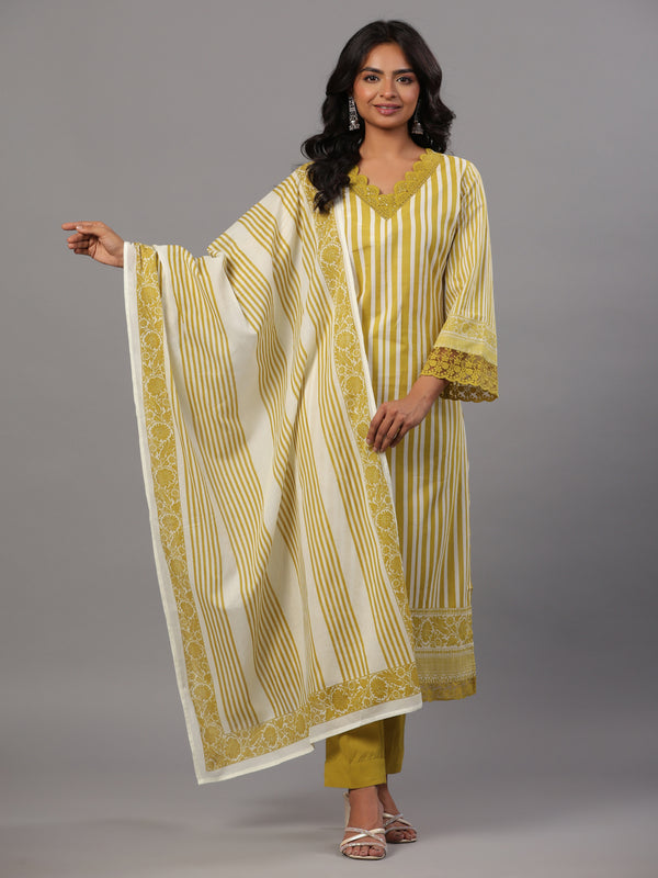 Green Vertical Stripped Print Kurti Set
