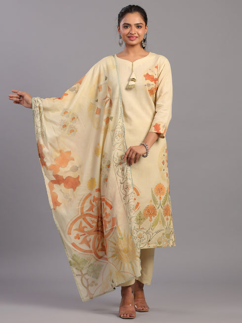 Beige Cotton Linen Abstract Print Hand Embroidery Kurti Set