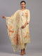 Beige Cotton Linen Abstract Print Hand Embroidery Kurti Set