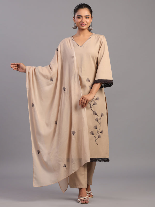 Beige Cotton Linen Floral Embroidered Kurti Set