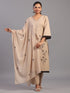 Beige Cotton Linen Floral Embroidered Kurti Set