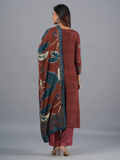 Amchoor Brown Bold Leafy Printed Kurti Set with Dupatta