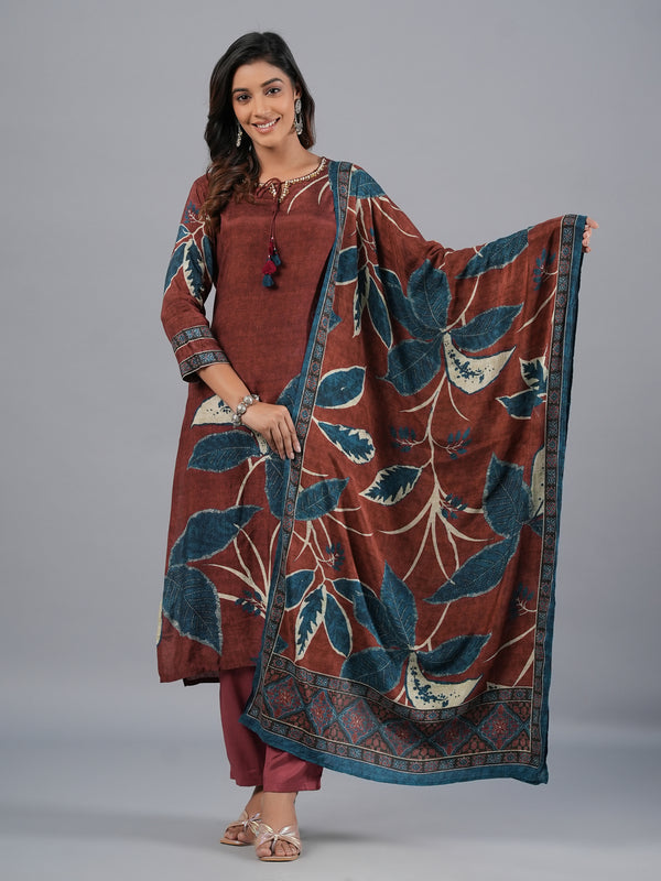 Amchoor Brown Bold Leafy Printed Kurti Set with Dupatta