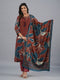 Amchoor Brown Bold Leafy Printed Kurti Set with Dupatta