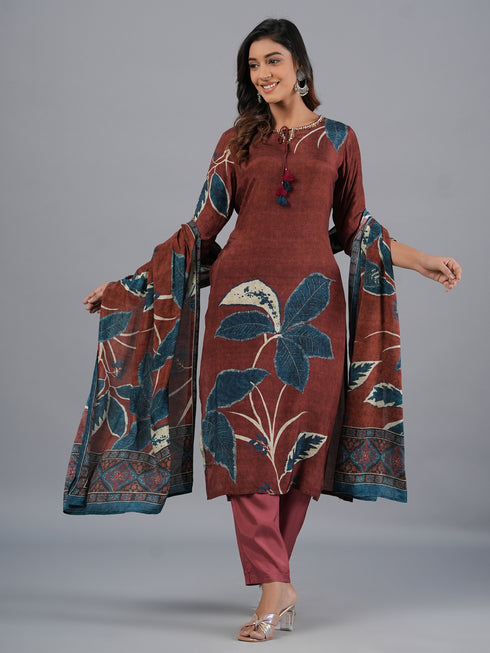 Amchoor Brown Bold Leafy Printed Kurti Set with Dupatta