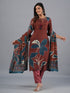 Amchoor Brown Bold Leafy Printed Kurti Set with Dupatta