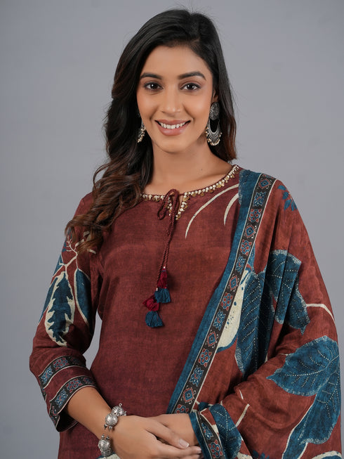 Amchoor Brown Bold Leafy Printed Kurti Set with Dupatta