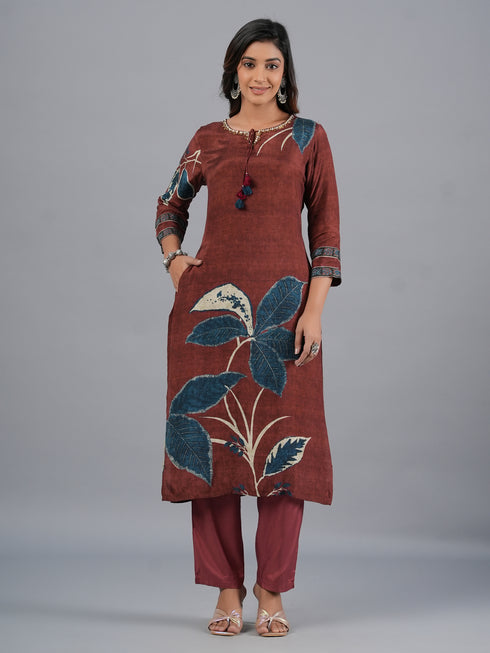 Amchoor Brown Bold Leafy Printed Kurti Set with Dupatta