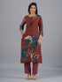 Amchoor Brown Bold Leafy Printed Kurti Set with Dupatta