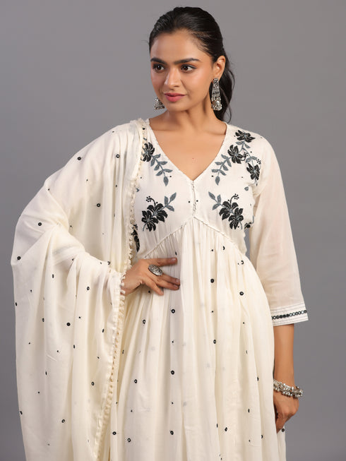 Cream Cotton Mirror Work Embroidered Kurti Set