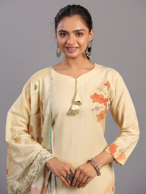 Beige Cotton Linen Abstract Print Hand Embroidery Kurti Set