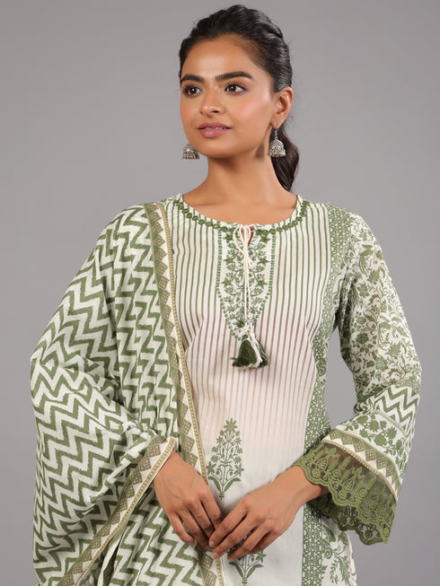 Green Cotton Printed Kurti Set
