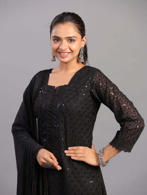 Black Goergette Embroidered Kurti Set