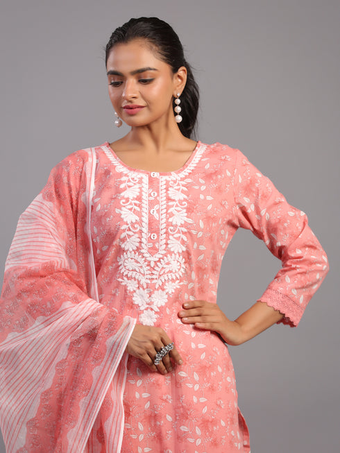 Peach Floral Printed Kurti Set