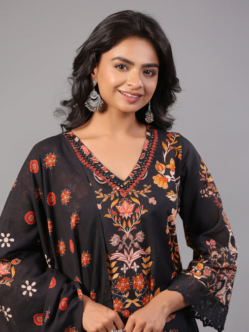 Black Block Print Mirror Work Kurti Set