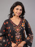 Black Block Print Mirror Work Kurti Set