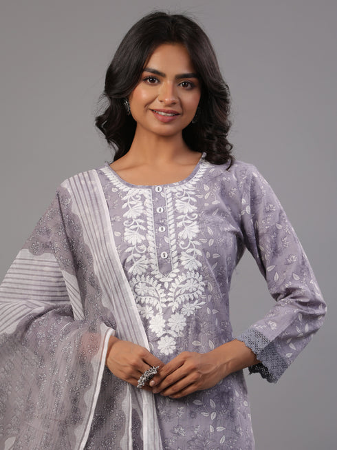 Grey Floral Printed Kurti Set