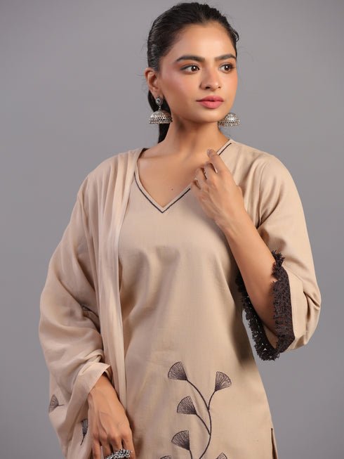 Beige Cotton Linen Floral Embroidered Kurti Set