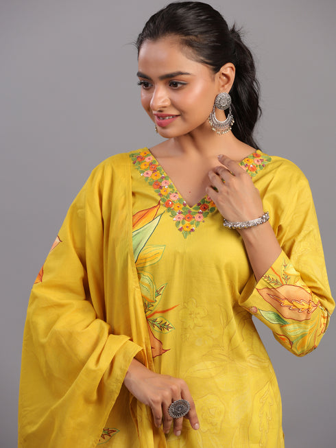 Mustard Cotton Floral Kurti Set