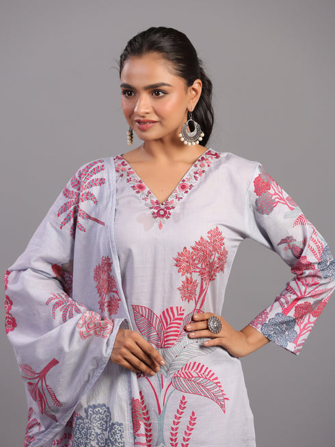 Purple Cotton Blend Botanical Kurti Set