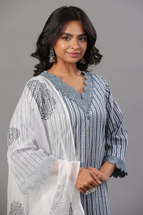 Grey Striped Print Kurti Set
