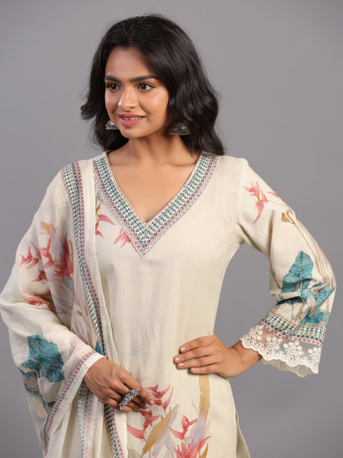 Cream Tropical Print Kurti Set