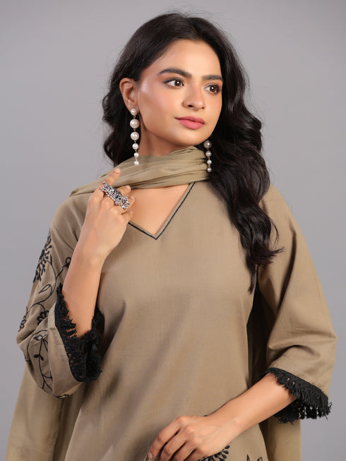 Olive Green Cotton Linen Floral Embroidered Kurti Set