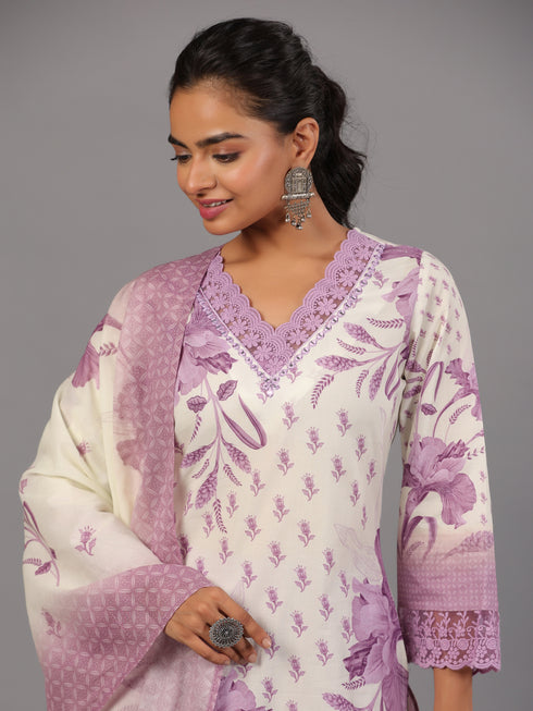 Purple Botanical Print Kurti Set