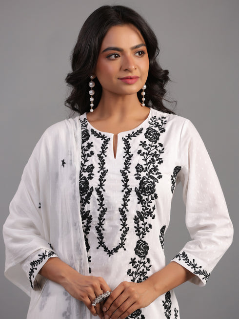 White Embroidered Kurti Set