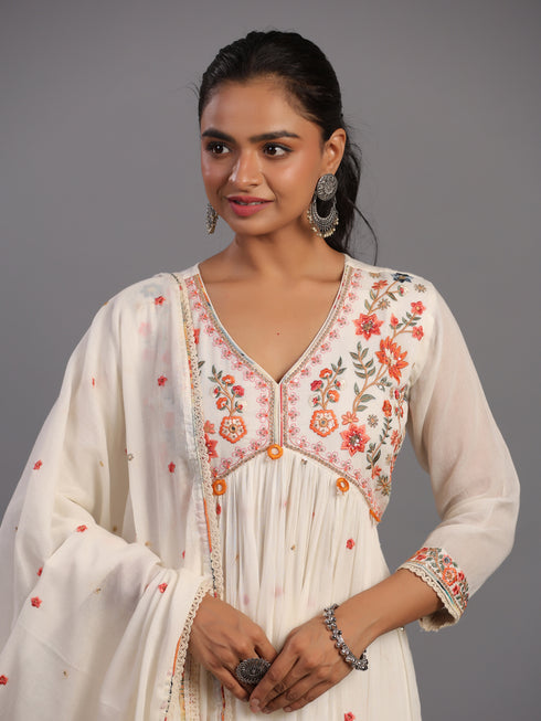 Cream Cotton Overall Embroidered Sequins Kurti Set