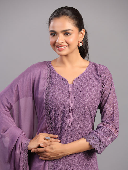 Purple Goergette Embroidered Kurti Set