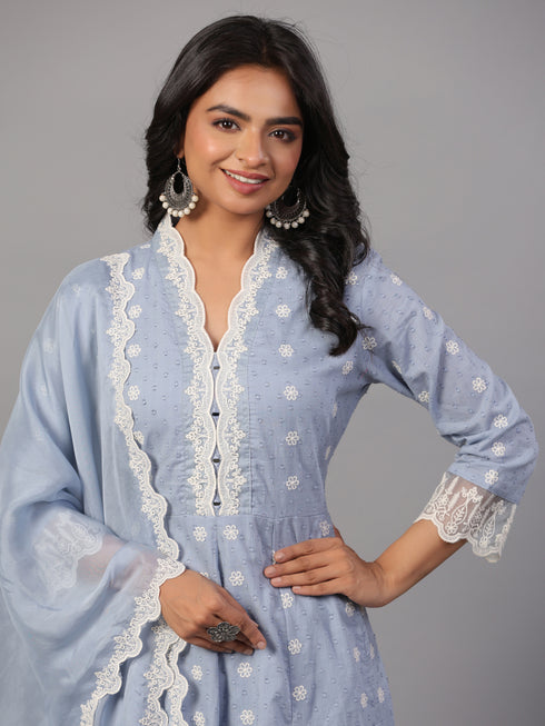 Grey Cotton Embroidered Anarkali Kurti Set
