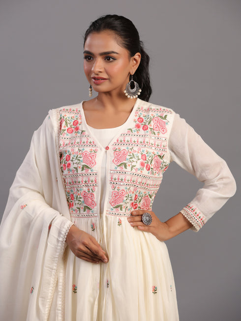 Cream Cotton Embroidered Ethnic Jacket Kurti Set