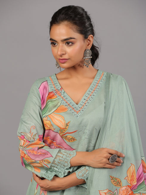 Green Floral Print Kurti Set