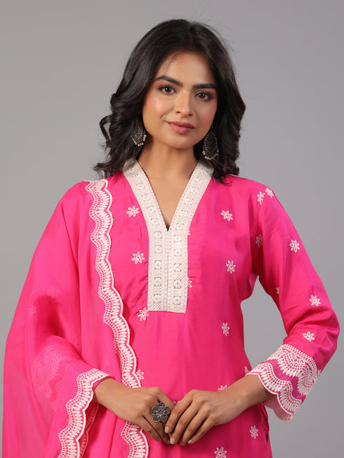 Fuchsia Embroidered Kurti Set