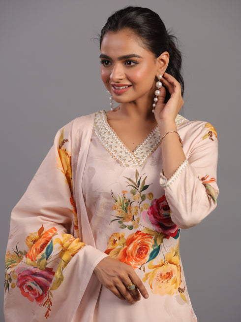 Beige Viscose Rayon Floral Print Kurti Set