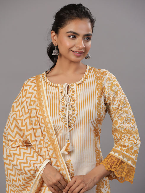 Mustard Cotton Printed Kurti Set