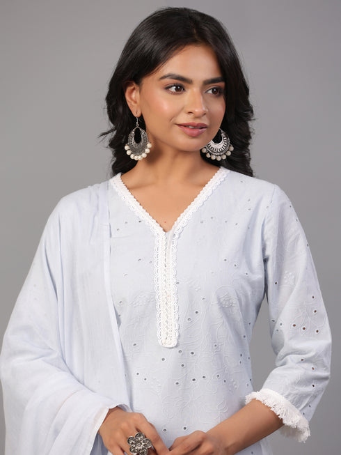 Blue Cotton Cutwork Embroidered Kurti Set